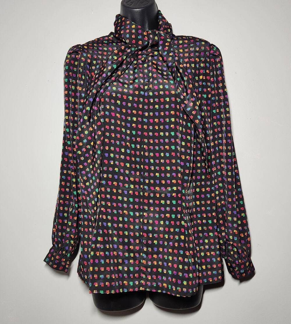 Vintage 80's Doncaster Women's Pussybow Blouse Rainbow Geometric Size 8P